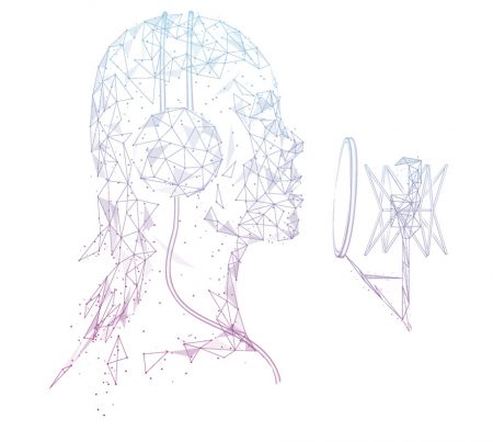 Dreidimensionale Linienzeichnung eines menschlichen Kopfes in Seitenansicht, bestehend aus verbundenen Punkten und Dreiecken. Der Kopf trägt Kopfhörer, die durch Linien mit einem Mikrofon verbunden sind, das vor dem Mund positioniert ist. Die Linienzeichnung ist in zarten Violett- und Blautönen gehalten.