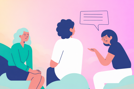 Drei Personen sitzen im Gespräch, eine Person gestikuliert mit der Hand, Sprechblase mit Linien über ihr