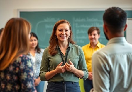 Fünf Personen stehen in einem Halbkreis vor einer Tafel, eine Frau in der Mitte spricht und gestikuliert.