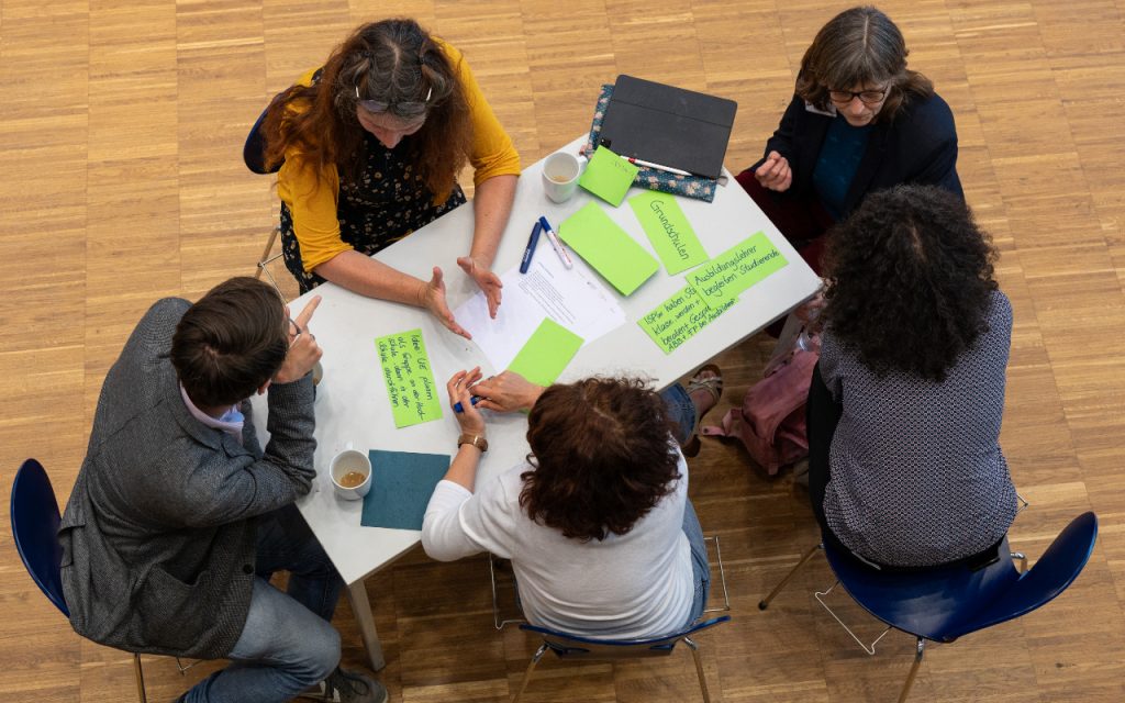 Von oben fotografiert sieht man fünf Workshop-Teilnehmende an einem Tisch sitzen. Sie sind im Gespräch miteinander. Auf dem Tisch liegen grüne handbeschriebene Moderationskarten.